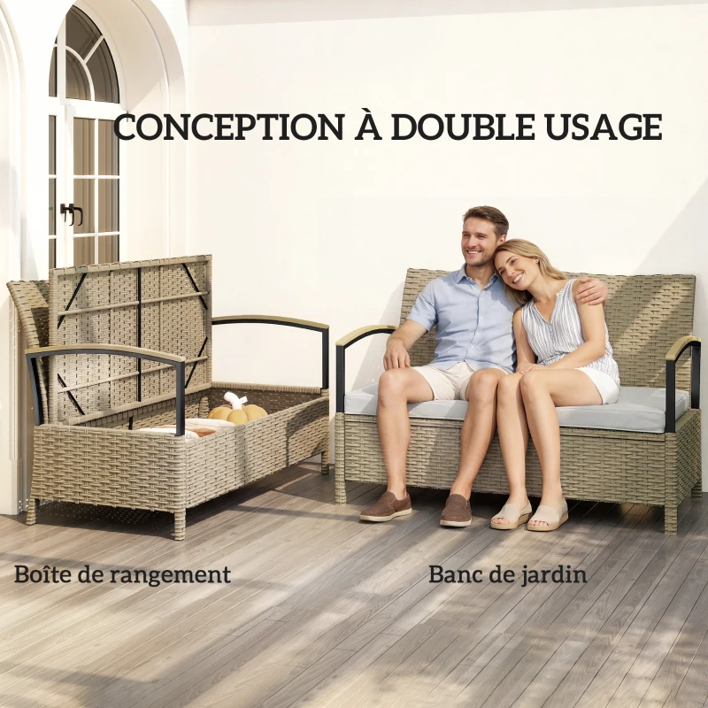 Outsunny Banc de Rangement de Jardin en Résine Tressée Coffre Extérieur 125L avec Structure en Acier Stable 123x70x82cm Kaki