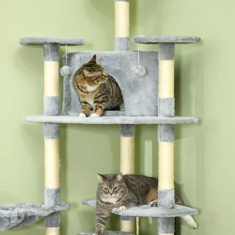 PawHut Árbol Rascador para Gatos 200 cm Torre para Gatos con 2 Cuevas 2 Hamacas Cama Postes de Sisal 60x60x200 cm Gris