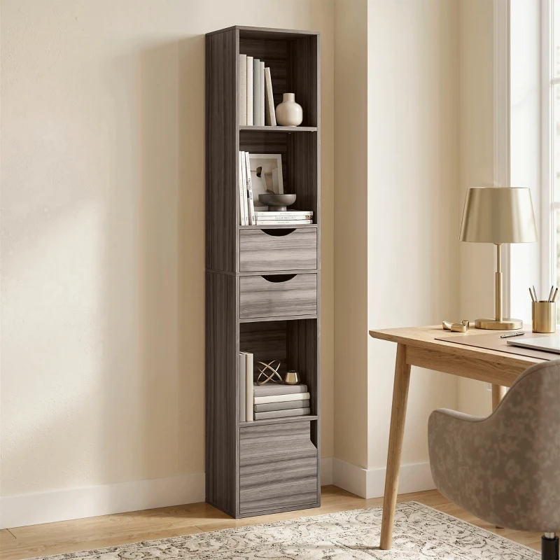 HOMCOM Bookcase with Drawers Adjustable Shelf Bookshelf with 2 Drawers and Cabinet 158 cm Grey