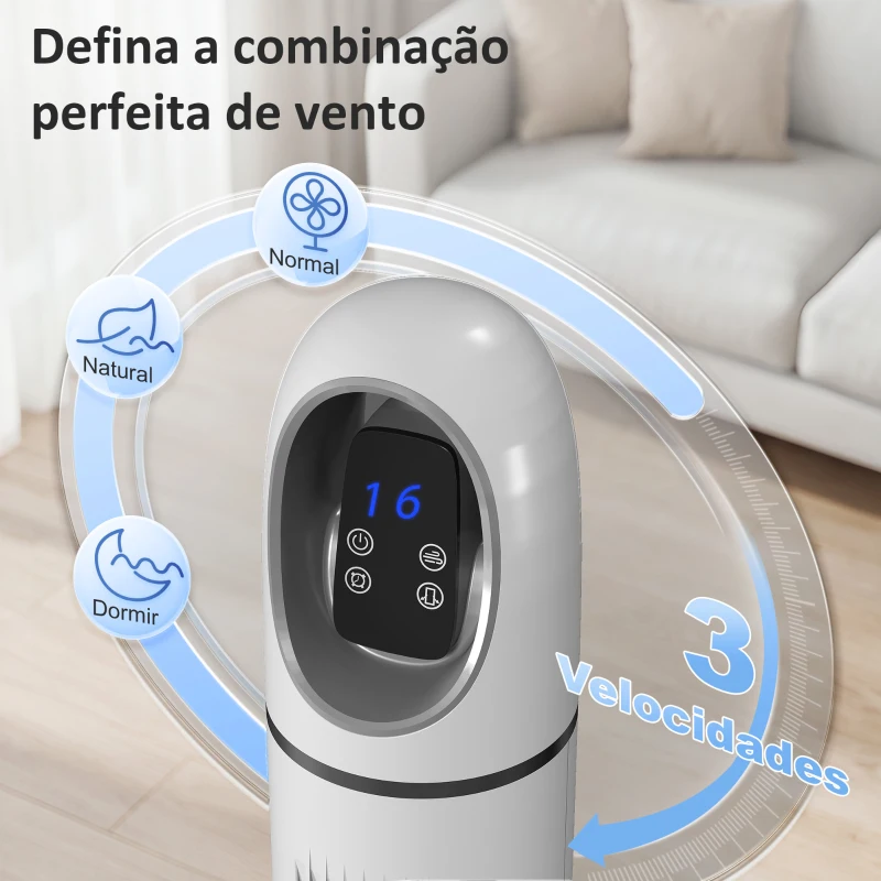 HOMCOM Ventoinha de Torre com Controlo Remoto 3 Velocidades 3 Modos Temporizador 24H Oscilação 70° Ecrã LED 31x31x111 cm Branco