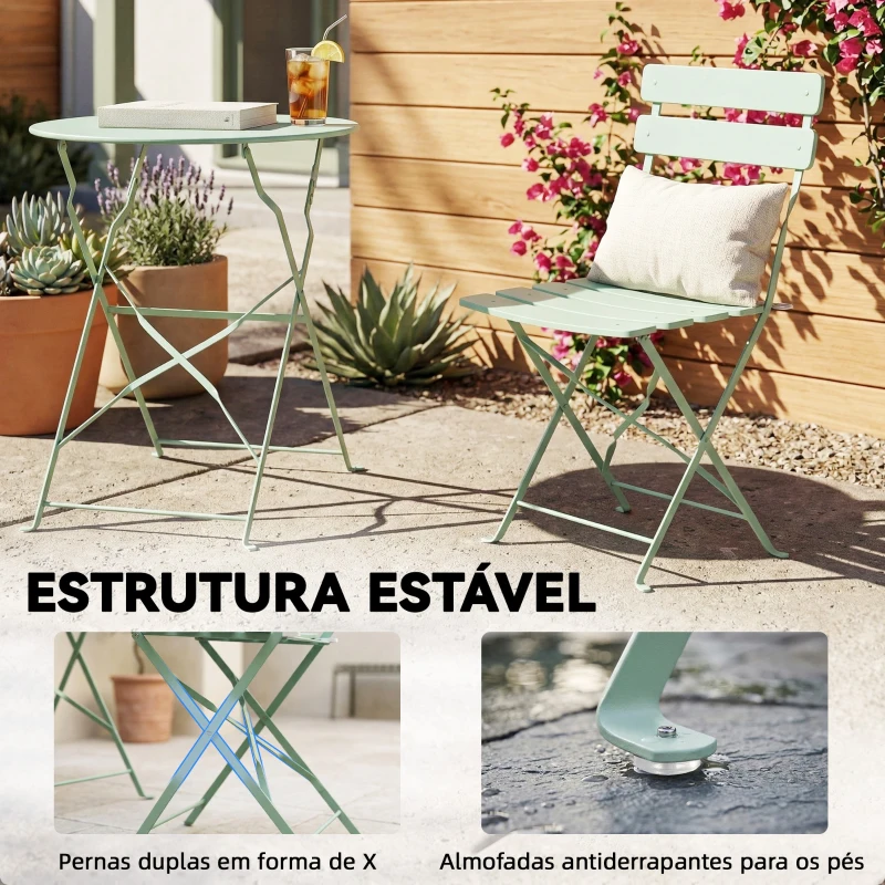Outsunny Conjunto de Jardim Dobrável com 2 Cadeiras Dobráveis e Mesa Redonda Estrutura Metálica Eletroforética para Varanda Verde