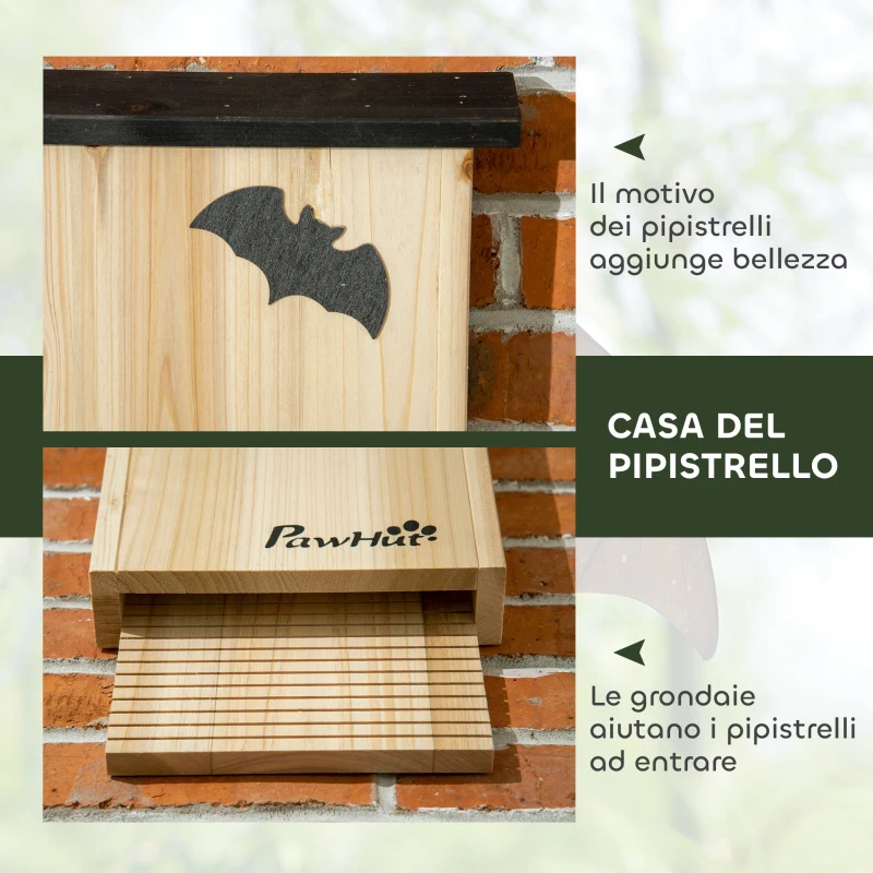 PawHut Set di 3 Casette per Pipistrelli in Legno di Abete per Esterni, 25x6x37.5 cm, Legno Naturale
