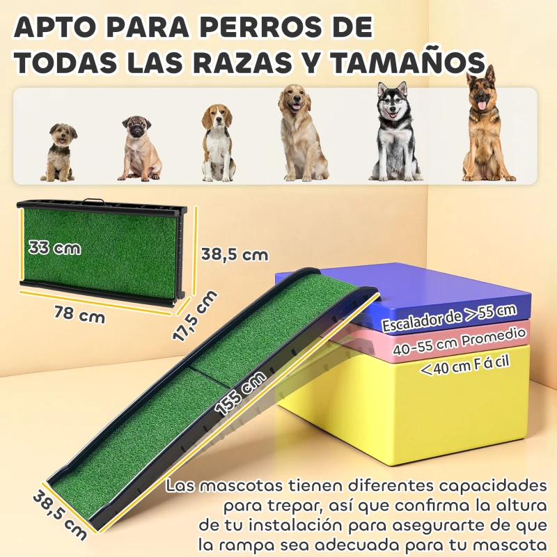PawHut Rampa para Perros con Césped Artificial 155 cm Rampa para Perros para Coche Plegable con Asa Ángulo Ajustable Verde