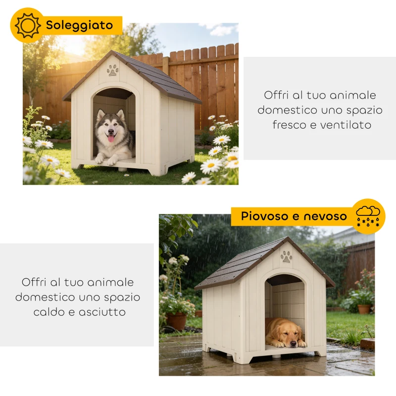 PawHut Cuccia per Cani Rialzata con Tetto Inclinato e Prese d'Aria, in PP, 88x78x89 cm, Beige e Marrone Scuro