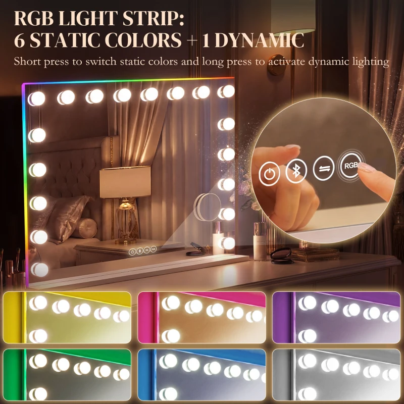 HOMCOM Hollywoodzkie lustro do makijażu z 18 regulowanymi żarówkami LED, 3 kolory, światło RGB, głośnik Bluetooth, 10-krotne powiększenie Białe