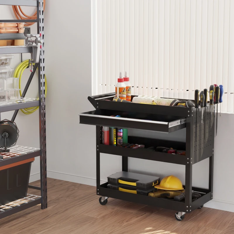 DURHAND Chariot d'atelier servante atelier à 3 niveaux avec tiroir, porte-outils latéral et poignée, 82x35x76 cm, noir