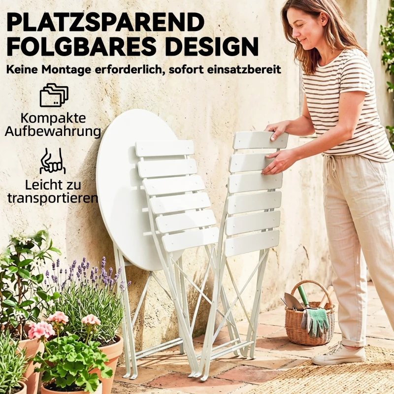 Outsunny 3-teiliges Garten Bistro Set Klappbar Bistrotisch mit 2 Stühlen Lamellen-Sitz Doppelt X-Beine Cremeweiß