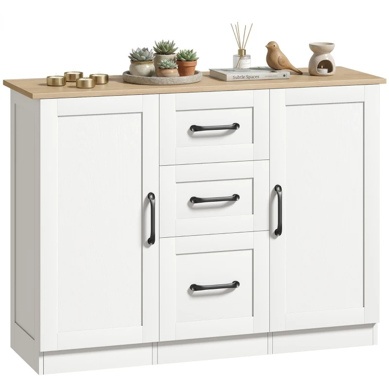 HOMCOM Buffet para sala, móvel de arrumação com 2 portas de fecho suave e 3 gavetas, 110x35x80,4cm, branco e madeira natural