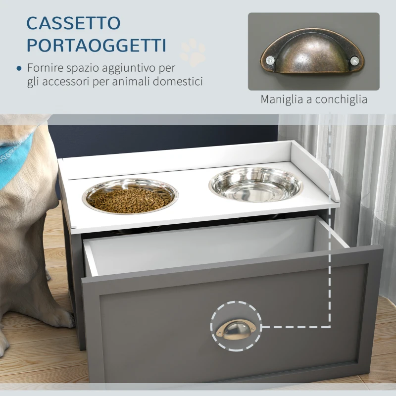PawHut Ciotole per Cani Rialzate in Acciaio Inox e Legno con Cassetto, 60x30x36cm, Grigio