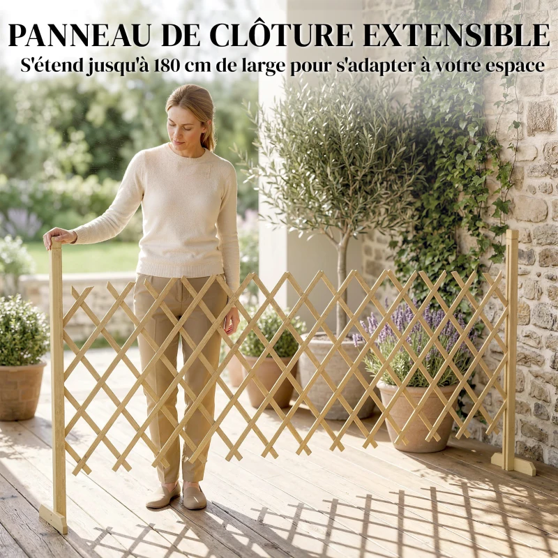 Outsunny Barriere Extensible en Bois de Sapin 180 cm, Base stable, pour Intérieur Extérieur Balcon Jardin, 180x30x90cm, Naturel