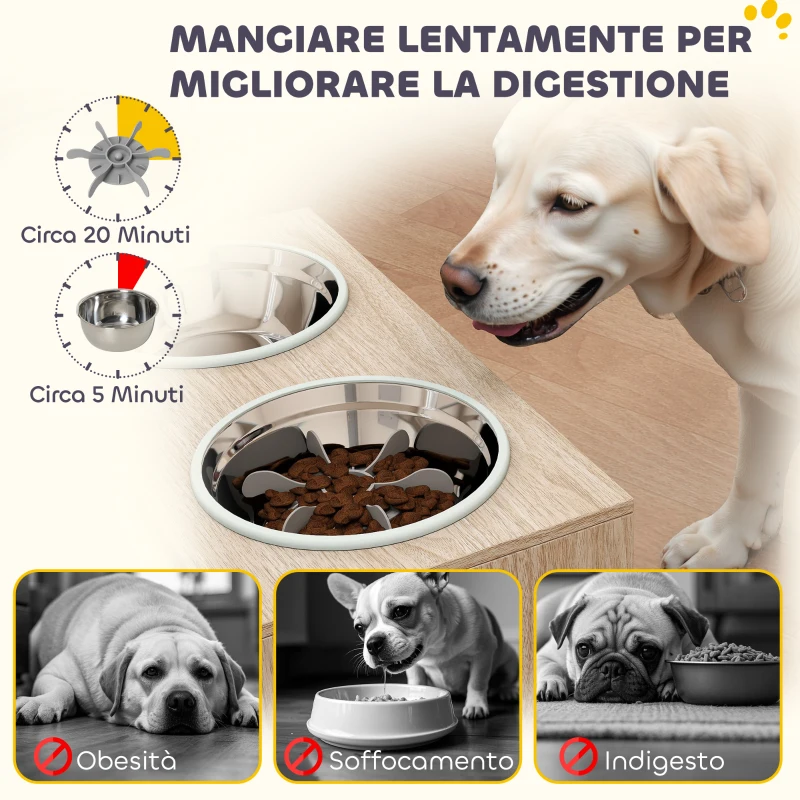 PawHut Portaciotole per Cani con 2 Ciotole da 2L in Acciaio Inox e Armadietto Inferiore, in Legno, 60x30x35.5 cm, Rovere