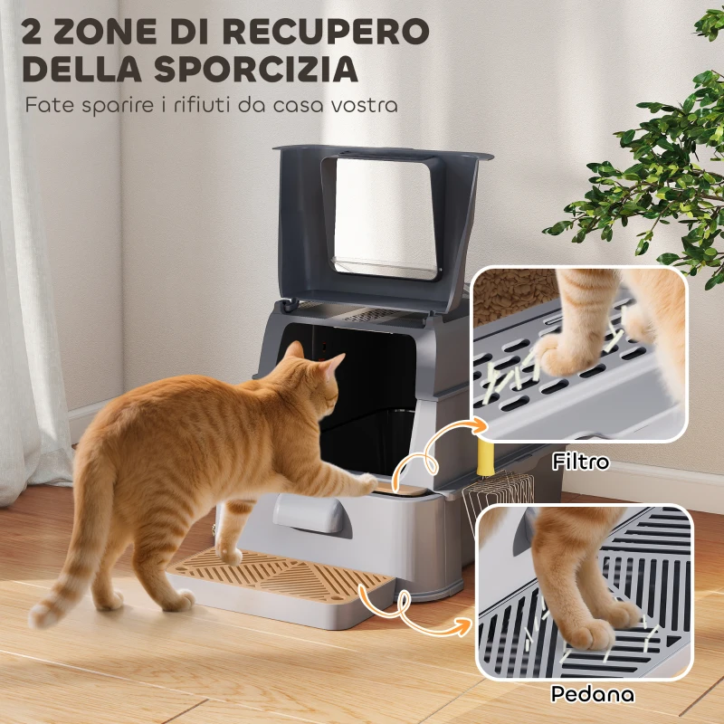PawHut Lettiera per Gatti Chiusa da 80L con Vassoio Estraibile, in ABS e Acciaio Inox, 63x43x43 cm, Grigio Scuro