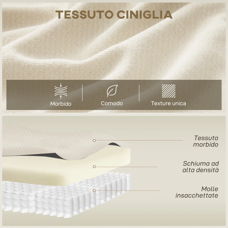 HOMCOM Divano modulare 3 posti con seduta ampia e cuscini in chenille, 260 cm, Crema
