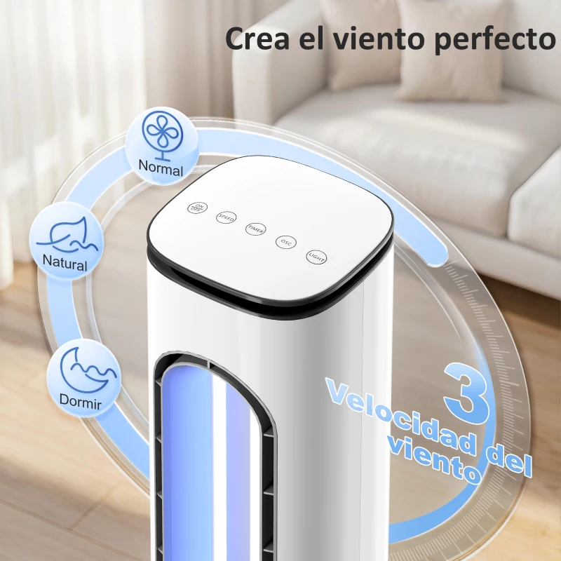 HOMCOM Ventilador de Torre sin Aspas con Luces LED Control Remoto 3 Velocidades 3 Modos Temporizador 15H Oscilación 50° Blanco