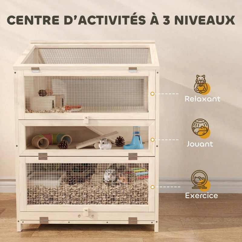 PawHut Cage Hamster 3 Étages en Bois avec Bac Amovible, Couvercle Ouvrant, Bascule, Cabane, Fenêtre, 68x61,5x90cm, Naturel