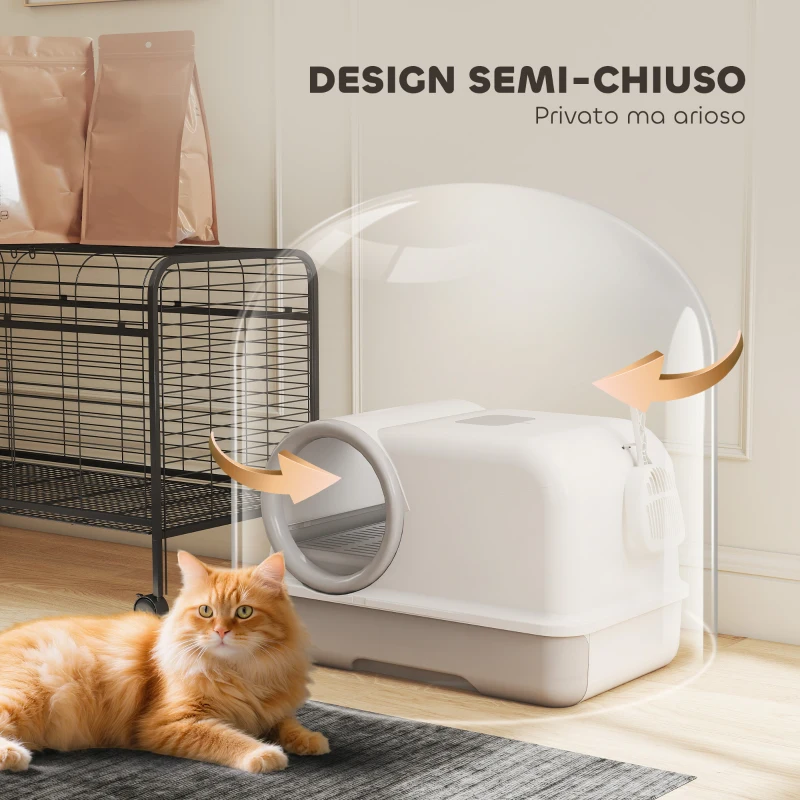 PawHut Lettiera per Gatti Chiusa con Vassoio, Paletta e Sacchetti Deodoranti, in PP, 59x39.5x39.5 cm, Bianco e Grigio