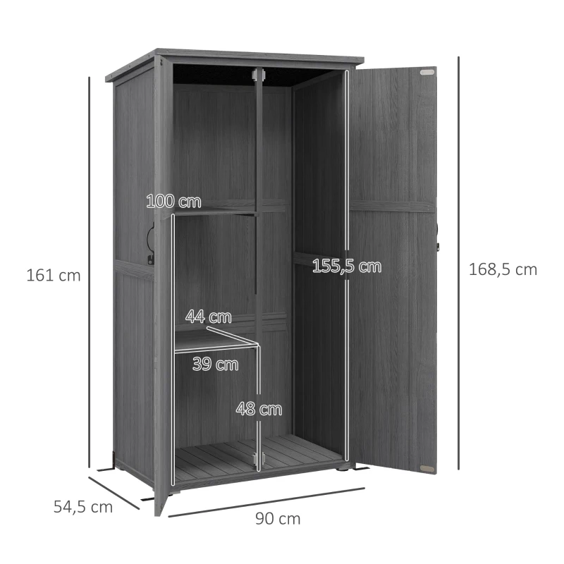 Outsunny Armoire de jardin, abri jardin sur pied, avec 2 étagères, toit incliné et bitumé, en bois massif, 90x54,5x168,5cm, gris