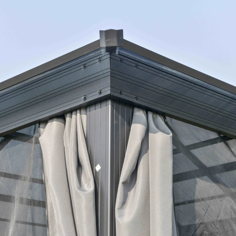 Outsunny 3 x 3(m) Hardtop Gazebo Canopy with Polycarbonate Roof, Aluminium Frame, Permanent Pavilion Garden Gazebo with Netting and Curtains for Patio, Deck, Dark Grey