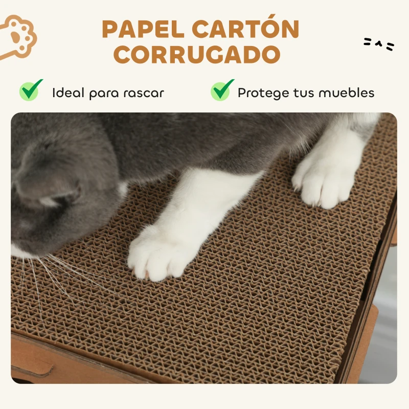 PawHut Casa para Gatos de Cartón Forma Castillo 2 Niveles con 3 Zonas de Rascado Túnel Rampa Incluye Hierba Marrón