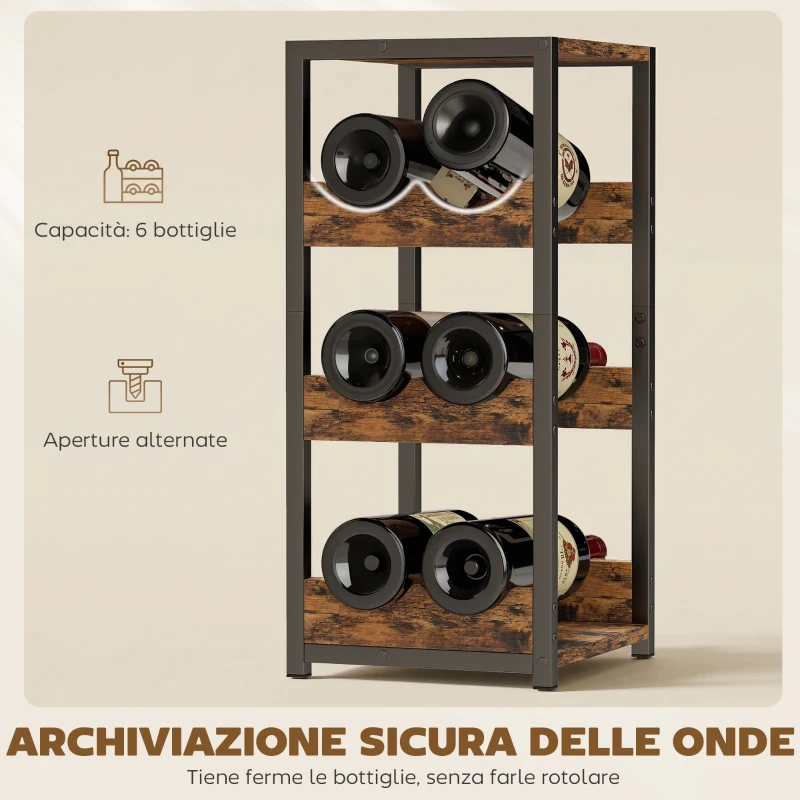 Portabottiglie HOMCOM, scaffali ondulati, piedini regolabili, marrone rustico, nero.