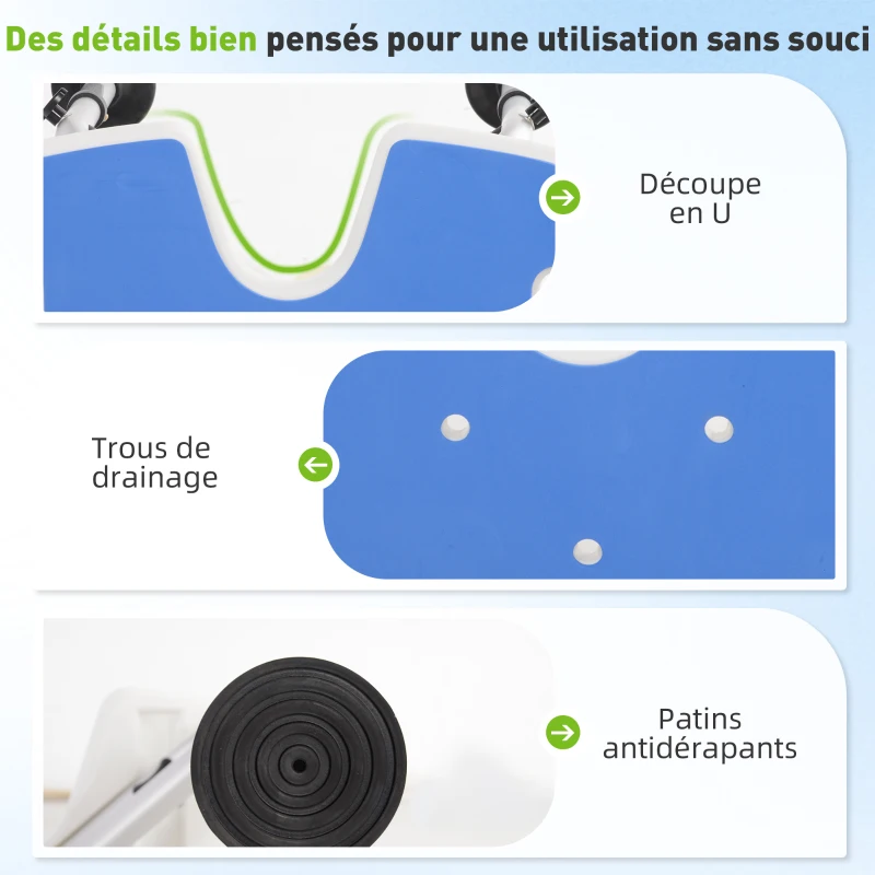 HOMCOM Tabouret de douche siège de douche hauteur ajustable 39-51,5 cm barre d'appui à ventouse patins à ventouse bleu foncé