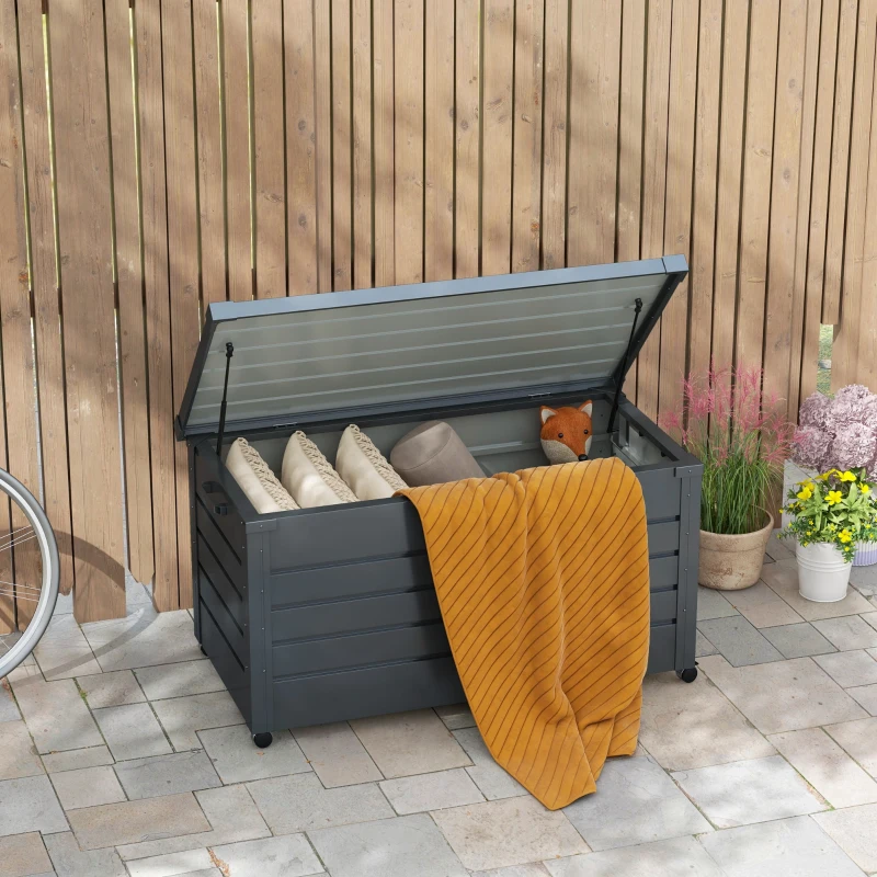 Outsunny Coffre de rangement extérieur 311L, avec vérin à gaz, roulettes et poignée, en acier galvanisé, 120x62x66 cm, gris