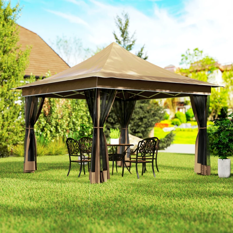 Outsunny Tonnelle de jardin 3,5 x 3,5 m, tente pliante avec 4 moustiquaires, hauteur réglable, sac de transport, beige