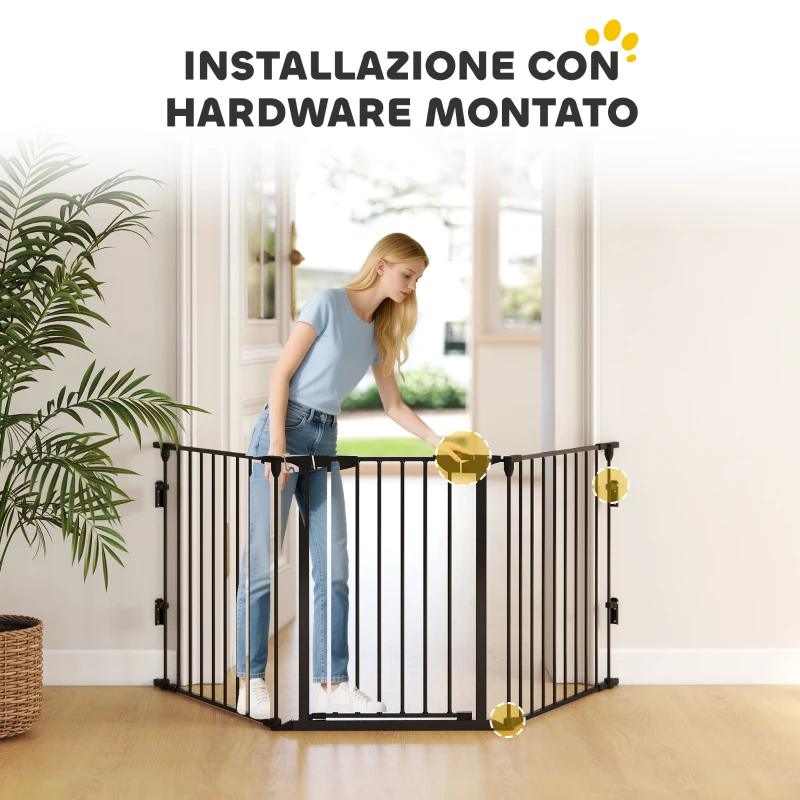 PawHut Cancellino per Cani Taglia Piccola e Media Pieghevole a 5 Pannelli, in Metallo e Plastica, 300x3x74.5 cm, Nero