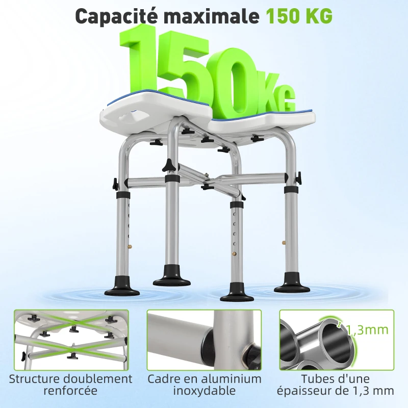HOMCOM Tabouret de douche siège de douche hauteur ajustable 39-51,5 cm barre d'appui à ventouse patins à ventouse bleu foncé