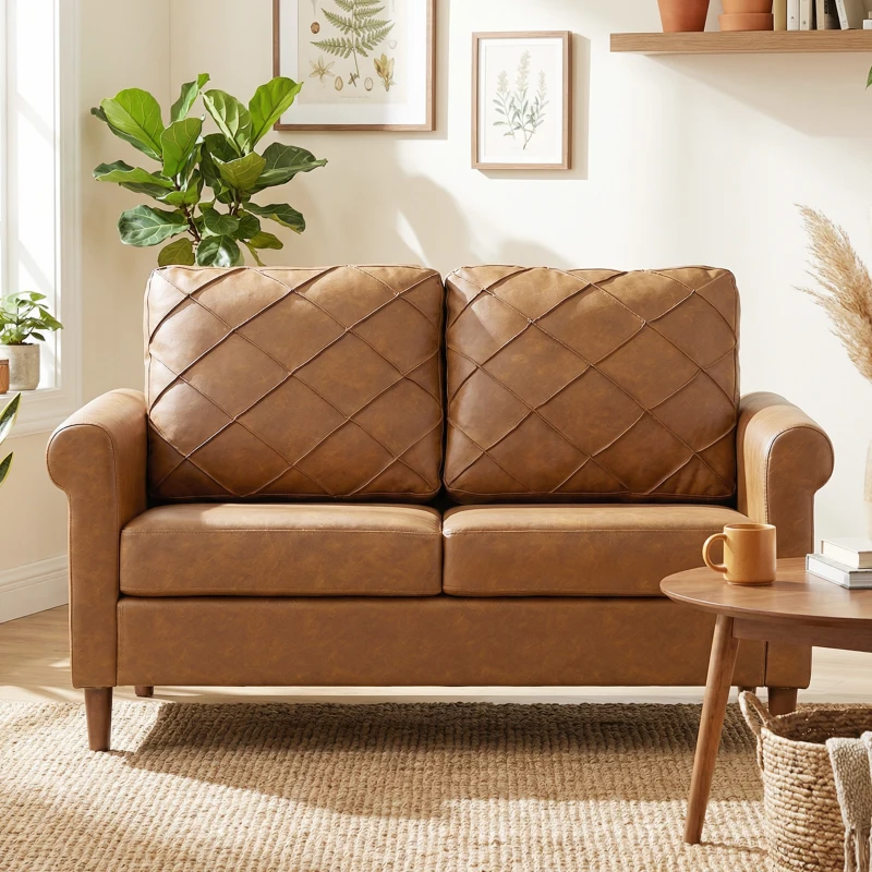 HOMCOM Sofá de 2 Plazas de PU con Patas de Madera Respaldo con Costuras Sofá Moderno para Salón Dormitorio Marrón