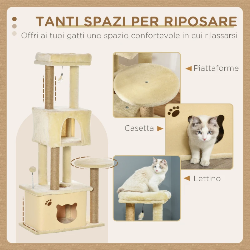 PawHut Albero Tiragraffi per Gatti Alto 136 cm con Cuccia Rimovibile, Casetta e Lettino, Pali in Iuta, Beige