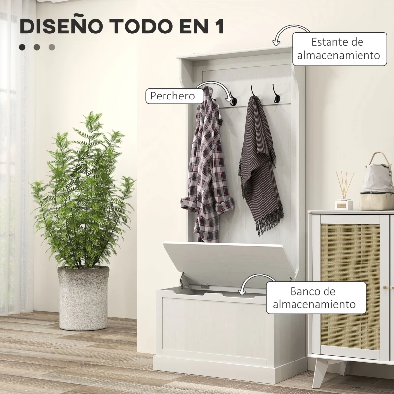 HOMCOM Perchero Zapatero con Banco de Almacenamiento 4 Ganchos Estilo Moderno 71,5x39,5x170 cm Blanco