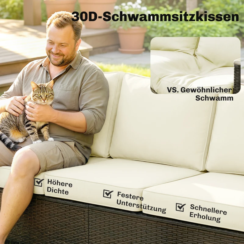 Outsunny Rattan Sofa mit Kissen, 3-Sitzer Gartensofa Loungesofa mit Stahlrahmen für Terrasse Garten 192 x 74 x 79 cm Cremeweiß
