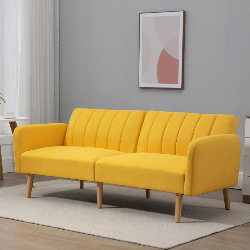 HOMCOM Sofá Cama de 2 Lugares com Encosto Ajustável em 3 Posições Apoio para os Braços Desmontável e Pés de Madeira Sofá Duplo Moderno para Sala de Estar Escritório 173x75x73cm Amarelo