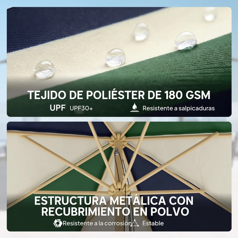 Outsunny Sombrilla Terraza Exterior Ø2,3 m con Marco de Efecto Madera Polea con Cuerda Dosel Bicolor UPF30+ Verde Oscuro