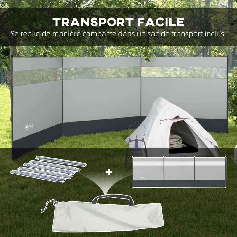 Outsunny Paravent brise-vent de camping portable pliable avec sac de transport et poteaux en acier dim. 440 cm x 140 cm gris clair