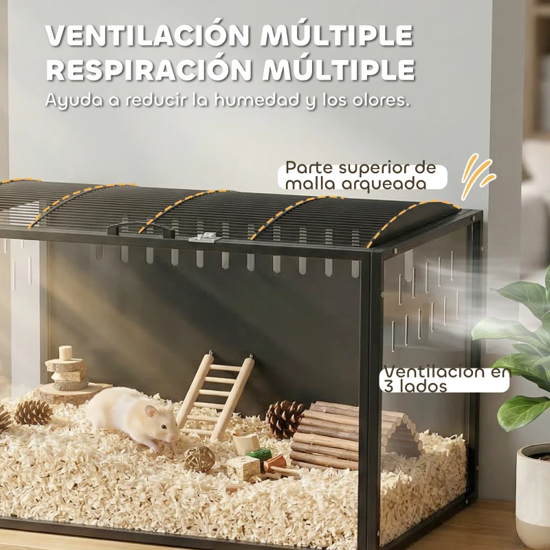 PawHut Jaula para Hámster Grande 105x51x53 cm con Tapa Ventilada Abatible, Marco de Acero, Paneles Transparentes Negro