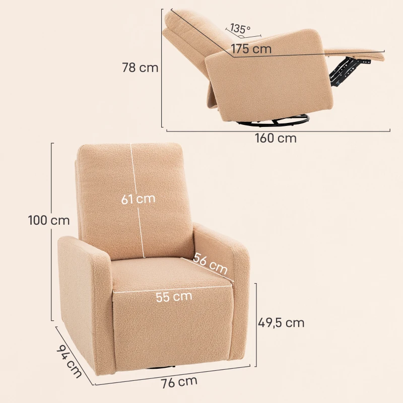 HOMCOM Sillón Relax Reclinable Manual hasta 135º con Reposabrazos Reposapiés Acolchado Grueso Función de Balanceo 360° Marrón