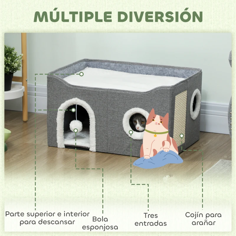 PawHut Casa para Gatos Plegable con Rascador 3 Entradas Bola Colgante Cojín Reversible en Felpa y Tipo Lino 60x40X34 cm Gris