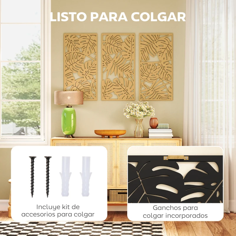 HOMCOM Decoración de Pared de Madera 3D 3 Piezas 40x80 cm Adornos de Pared con Patrón de Hojas Tropicales Madera Natural