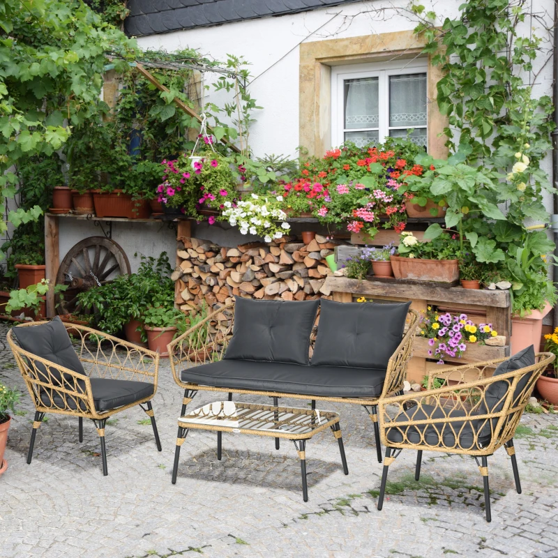 Outsunny Ensemble salon de jardin 4 pièces 7 coussins - acier et résine imitation rotin - sable et gris foncé