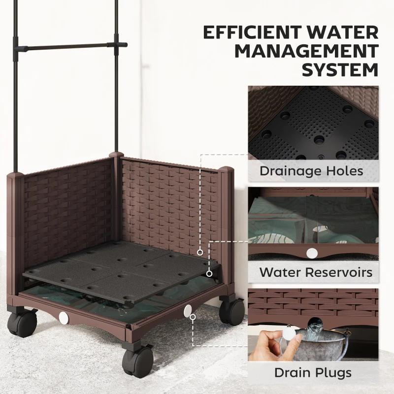 Outsunny Raised Garden Bed with Trellis, Tomato Cage with Lockable Wheels, Self Watering Planter Box with Drainage Holes, Brown