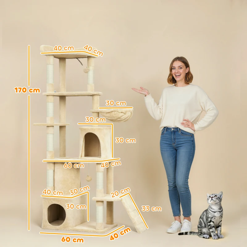 PawHut Árbol Rascador para Gatos Grande Altura 170 cm con 7 Postes 1 Túnel 3 Plataformas 2 Cuevas 1 Hamaca Beige