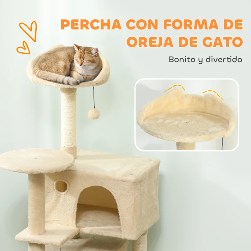 PawHut Árbol Rascador para Gatos 140 cm con Plataformas Cama 2 Cuevas Hamaca Escalera Postes de Sisal Beige