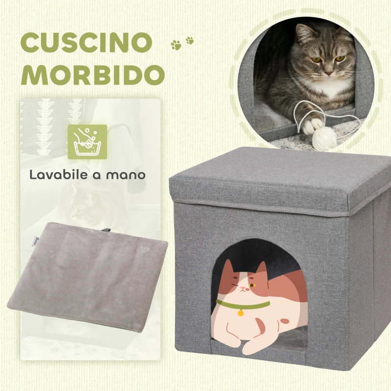 PawHut Casetta per Gatti Pieghevole a Cubo con Cuscino e Tappetino Tiragraffi, 36.5x36.5x36.5 cm, Grigio