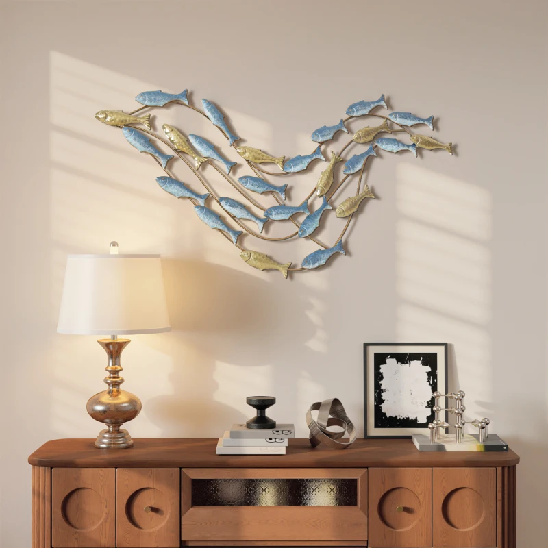 HOMCOM Wall Art Banco di Pesci in Metallo con Viti Incluse, 99.7x3.8x50.2 cm, Oro e Blu