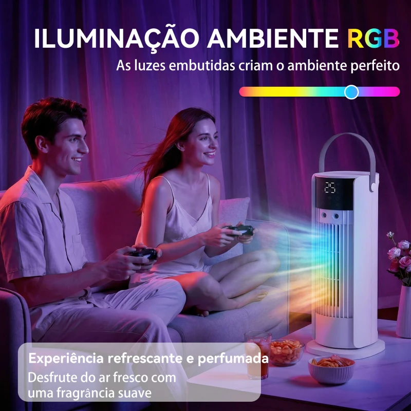 HOMCOM Ventoinha de Mesa com Névoa Luz RGB 3 Velocidades Oscilação de 90° Temporizador de 10H Controlo Remoto Branco