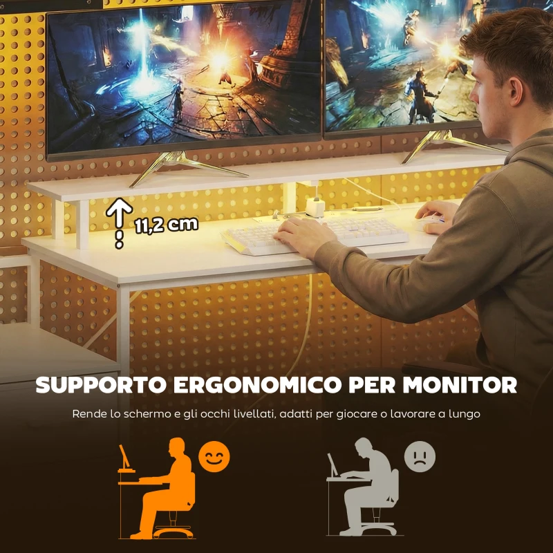 HOMCOM Scrivania Gaming 147 cm, Tavolo per Computer con Supporto CPU Regolabile e Reversibile, Luci RGB, Prese di Alimentazione, Porte USB e USB-C, Supporto Monitor e 3 Cassetti in Tessuto, Bianco