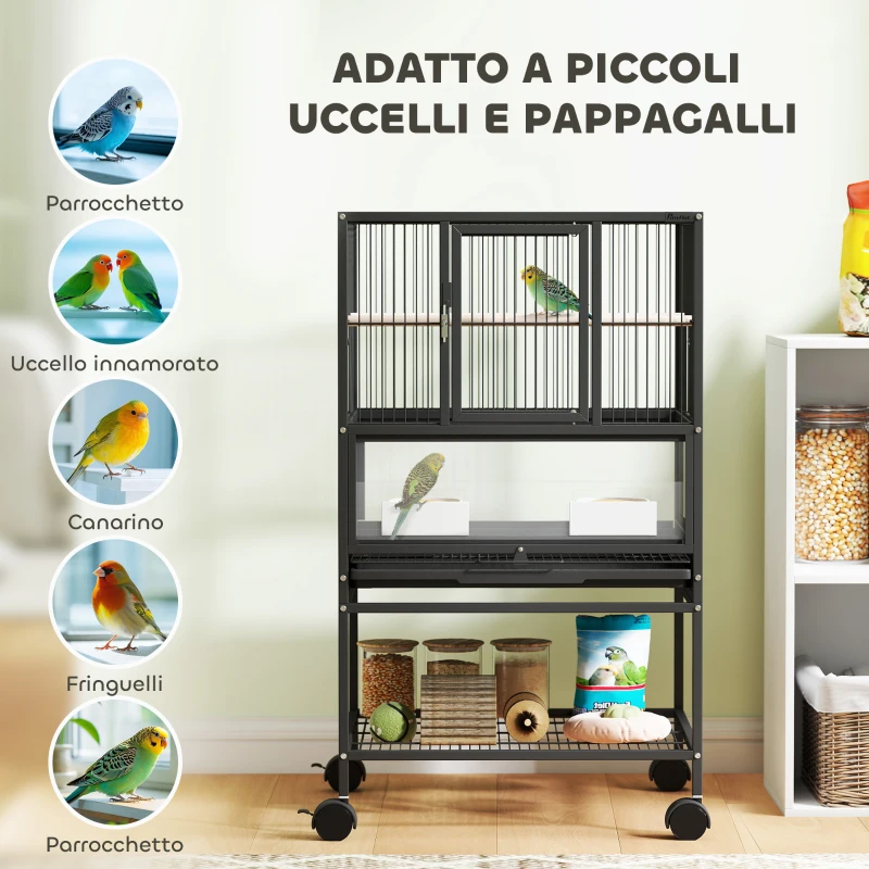 PawHut Gabbia per Uccelli con Ripiano Inferiore, Vassoio e Griglia Rimovibili, in Acciaio e PP, 48x46x83 cm, Nero