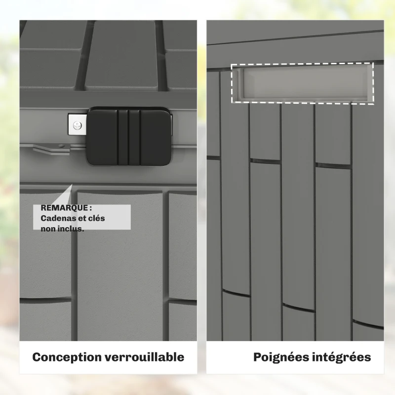 Outsunny Coffre de Rangement Extérieur 379 L Verrouillable avec Vérin à Gaz, Aspect Bois, 122,5x56x62cm, Gris